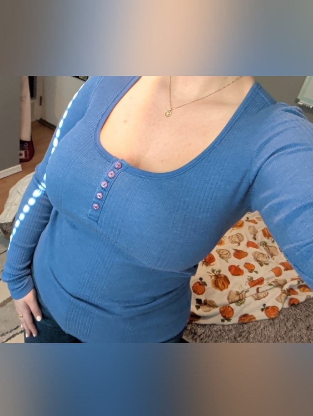 Warehouse One Blue Ribbed Scoop-Neck Henley